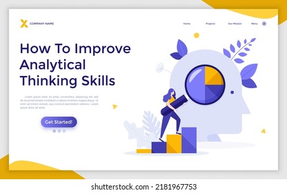 Landing page template with woman ascending bar chart and looking at head through magnifying glass. Concept of analytical thinking, data analysis, business analytics. Modern flat vector illustration.