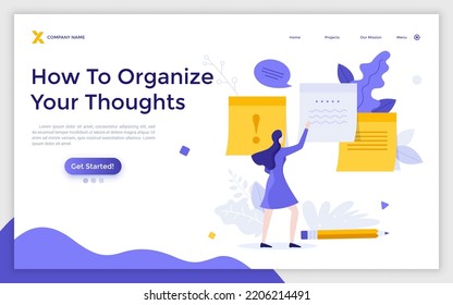 Landing page template with woman attaching paper sticky notes to wall. Concept of adhesive written notification, information message, reminder for work. Modern flat vector illustration for website.