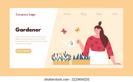 Landing page template with woman caring home plants. Flat vector illustration.