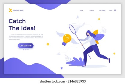 Landing page template with woman catching flying winged lightbulb with butterfly net. Concept of chasing or pursuing innovative business idea, creative thinking. Flat vector illustration for website.