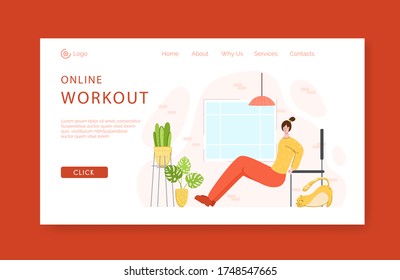 Landing page template - woman doing push ups exercises at home with chair. Indoor fitness workout concept. Home activity for people health. Girl doing sport in living room - vector illustration