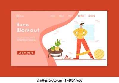 Landing page template woman doing sport exercises at home with fitness ball and ribbon. Indoor workout concept. Home activity for people health. Girl doing sport in living room - vector illustration