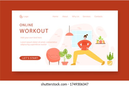 Landing page template - woman doing lunges exercises at home. Indoor fitness workout concept. Home activity for people health and calm. Girl doing sport in living room - vector illustration