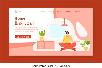 Landing page template - woman doing yoga and meditation at home. Indoor fitness yoga workout concept. Home activity for people health and calm. Girl doing sport in living room - vector illustration