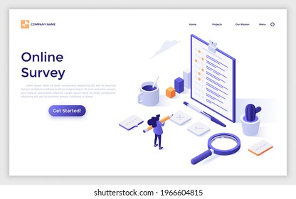 Landing page template with woman filling in form or answering questions. Concept of online public survey, statistical study or research, opinion poll. Modern isometric vector illustration for webpage.