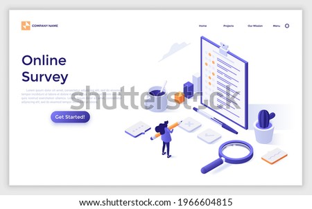 Landing page template with woman filling in form or answering questions. Concept of online public survey, statistical study or research, opinion poll. Modern isometric vector illustration for webpage.