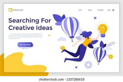 Landing page template with woman flying among air balloons and touching light bulb. Concept of search for creative or innovative ideas. Modern flat colorful vector illustration for webpage, website.