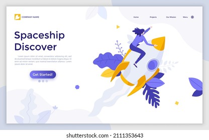 Landing page template with woman flying on spaceship or rocket. Concept of interstellar travel, space exploration or mission, spacecraft launch. Modern flat colorful vector illustration for website.