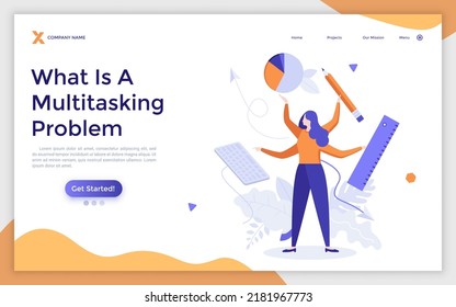 Landing page template with woman with four hands holding keyboard, diagram, pencil, ruler. Concept of multitasking problem, switching between tasks, work organization. Modern flat vector illustration.