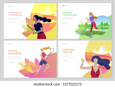Landing page template with woman healty life style concept. Girl outdoor activities, running, play tennis, doing yoga. People performing sports at park or Nature. Vector Cartoon style illustration