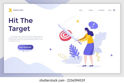 Landing page template with woman hitting target with sword. Concept of fighting for goal achievement, accomplishing objectives, forceful action to reach aim. Flat vector illustration for website.