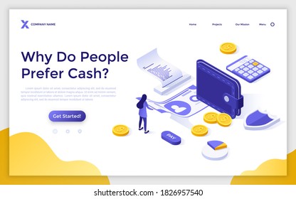 Landing Page Template With Woman Holding Banknote, Wallet, Coins, Calculator, Receipt, Shield. Concept Of Cash Money, Payment, Financial Service. Modern Isometric Vector Illustration For Webpage.