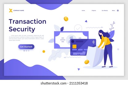 Landing page template with woman holding shield, bank card and banknote. Concept of electronic transaction security, safe and secure money transfer. Modern flat colorul vector illustration for website