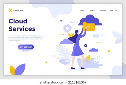 Landing page template with woman holding folder. Concept of cloud digital data storage, internet archive for electronic information, online file exchange service. Flat vector illustration for website.