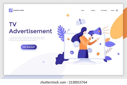 Landing page template with woman holding megaphone on TV screen. Concept of television advertisement, video advertising, promotion in mass media. Modern flat colorful vector illustration for webpage.