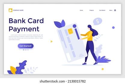 Landing page template with woman holding plastic debit or credit card. Concept of cashless payment service, digital bank transaction, money or finance transfer. Flat vector illustration for webpage.