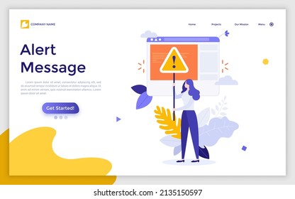 Landing page template with woman holding sign with exclamation mark. Concept of alert message, warning signal or notification, caution notice, fatal error. Modern flat vector illustration for webpage.