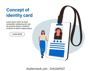 Landing page template with woman holding ID, name tag, badge. Concept of identity card with personal information, national identification document, passport.Modern flat vector illustration for webpage