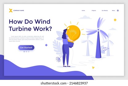 Landing page template with woman holding lightbulb connected to wind turbines. Concept of green power, renewable energy source, eco friendly technology. Modern flat vector illustration for website.