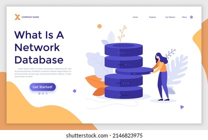 Landing page template with woman holding server hardware. Concept of network database, web technology for information management and storage, hosting service. Flat vector illustration for website.