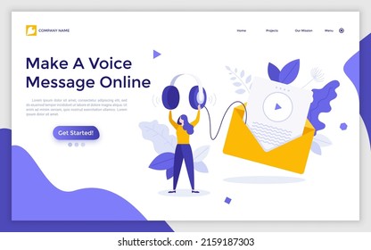 Landing page template with woman holding headphones, open envelope and letter with play button. Concept of audio or voice message, e-mail containing multimedia file. Modern flat vector illustration.