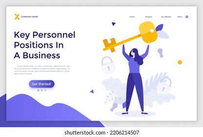 Landing page template with woman holding golden key. Concept of key person, specialist or manager, leader with important skill, successful entrepreneur. Modern flat vector illustration for website.