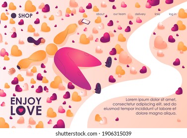 Landing page template with woman laying down among plenty of hearts or likes. Happy concept character drawn with pink and yellow gradients