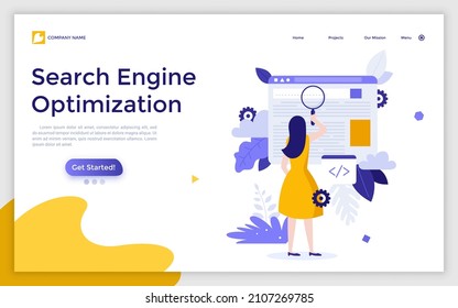 Landing page template with woman looking at query in web browser bar through loupe. Concept of SEO or search engine optimization, online marketing strategy. Modern flat vector illustration for website
