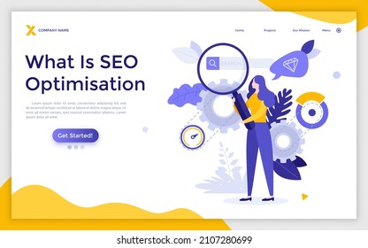 Landing page template with woman looking at web browser bar through magnifying glass. Concept of SEO or search engine optimization, internet marketing. Modern flat vector illustration for webpage.