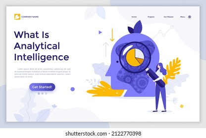 Landing page template with woman looking at diagram inside human head through magnifying glass. Concept of analytical intelligence, logical or critical thinking. Flat vector illustration for webpage.