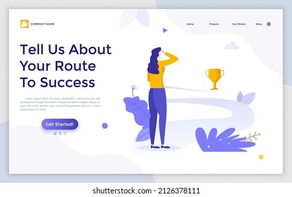Landing page template with woman looking at golden champion cup at the end of road. Concept of route to success, inspirational successful business story. Modern flat vector illustration for webpage.