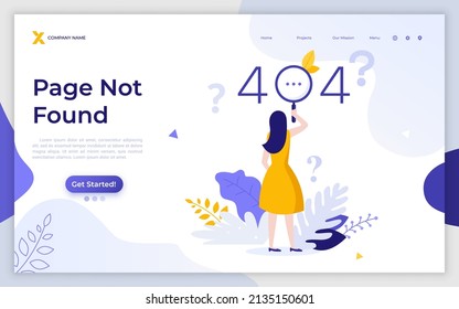 Landing Page Template With Woman Looking At Error 404 Message Through Magnifying Glass. Concept Of Server Unavailable Or Page Not Found Notification. Modern Flat Vector Illustration For Webpage.