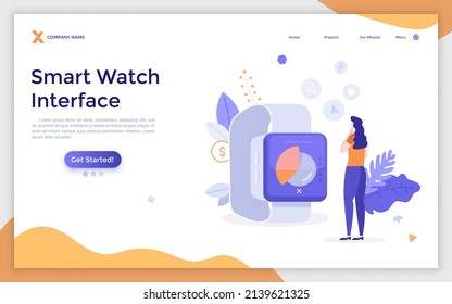 Plantilla de página de inicio con mujer mirando reloj inteligente con indicadores digitales en pantalla. Concepto de gadget electrónico, equipo de alta tecnología, accesorio. Ilustración vectorial plana moderna para sitio web
