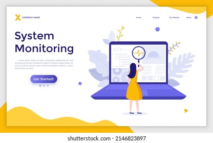 Landing Page Template mit Frau, die Anzeige auf Laptop-Bildschirm durch Lupe. Konzept der PС-Performance oder Software zur Überwachung von Computersystemen. Flache Vektorgrafik für Website.