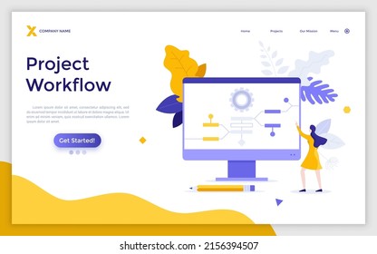 Landing page template with woman looking at flow chart or tree diagram on computer screen. Concept of startup project planning, business workflow management.Modern flat vector illustration for website