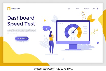 Plantilla de página de inicio con mujer mirando la pantalla del ordenador con velocímetro. Concepto de tablero en línea con indicador de velocidad, prueba de rendimiento en Internet. Ilustración vectorial plana para sitio web.