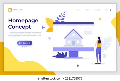 Landing page template with woman looking at house building on computer screen. Concept of homepage, starting page by default, main webpage in web browser. Modern flat vector illustration for website.