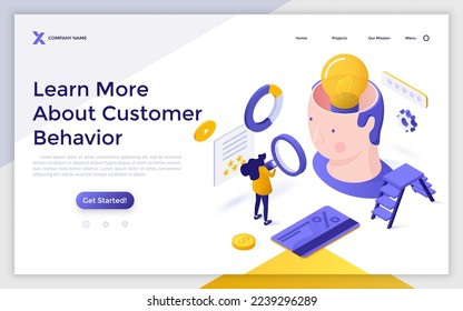 Landing page template with woman looking at human head with lightbulb inside through magnifier. Concept of studying customer behavior, research of consumer preferences. Isometric vector illustration.