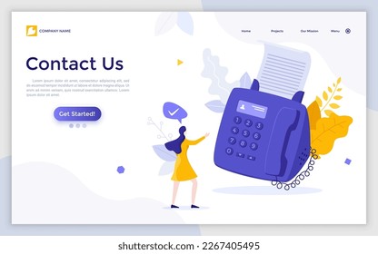 Landing page template with woman looking at fax machine printing document. Concept of office device for receiving or sending messages, communication technology. Flat vector illustration for webpage.