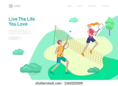 Landing page template with woman and man couple or friends doing tennis workout. People performing sports outdoor activities at park or Nature. Cartoon illustration