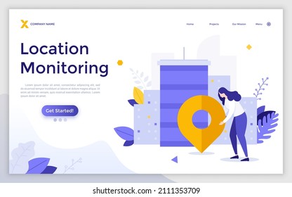 Landing page template with woman, map pin, city buildings. Concept of location monitoring or navigation service, search of geolocation or destination point. Modern flat vector illustration for webpage