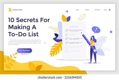 Landing page template with woman marking completed tasks in to-do list with pencil. Concept of time management, work planning method, organization of daily goals. Flat vector illustration for webpage.