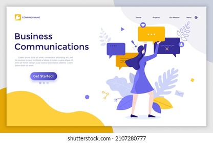 Landing page template with woman organizing speech bubbles. Concept of business communication and online messaging for customer support. Modern flat colorful vector illustration for website, webpage.