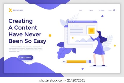 Landing page template with woman organizing digital elements of website. Concept of web content creation and management, online information. Modern flat colorful vector illustration for webpage.