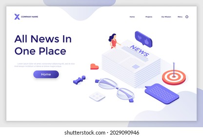 Landing page template with woman and pile of newspapers, glasses, target. Concept of news storage, archive, reading articles in one place. Modern colorful isometric vector illustration for website.