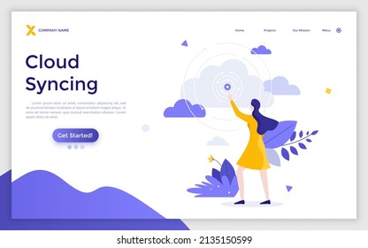 Landing page template with woman pointing at signal source. Concept of cloud syncing, online data synchronization, online service for digital data storage. Modern flat vector illustration for website.
