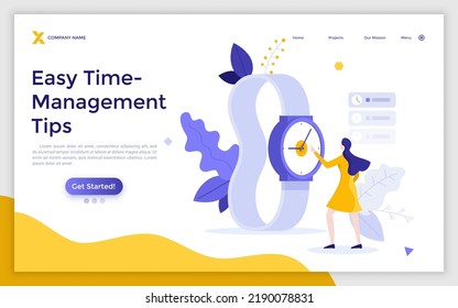 Landing page template with woman pointing at giant watch. Concept of timing, time management, work planning, organization of business tasks, scheduling. Modern flat vector illustration for webpage.