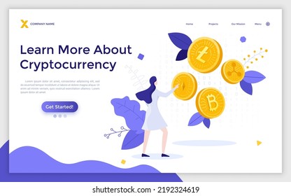 Landing page template with woman pointing at cryptocoins. Concept of cryptocurrency, digital money, currency or assets based on blockchain technology. Modern flat vector illustration for webpage.