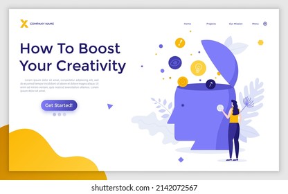 Landing page template with woman pressing power button on giant human head with bubbles coming out of it. Concept of creative mind, boosting creativity, idea generation. Flat vector illustration.