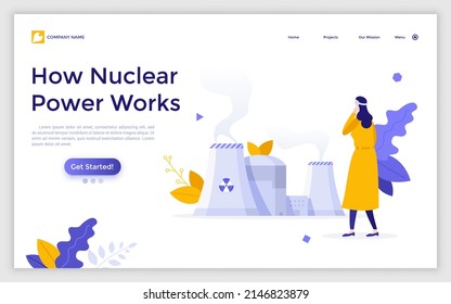 Landing Page Template With Woman In Protective Coat Looking At Cooling Towers Of Nuclear Power Plant. Concept Of Atomic Energy Generation, Electricity Source. Flat Vector Illustration For Website.